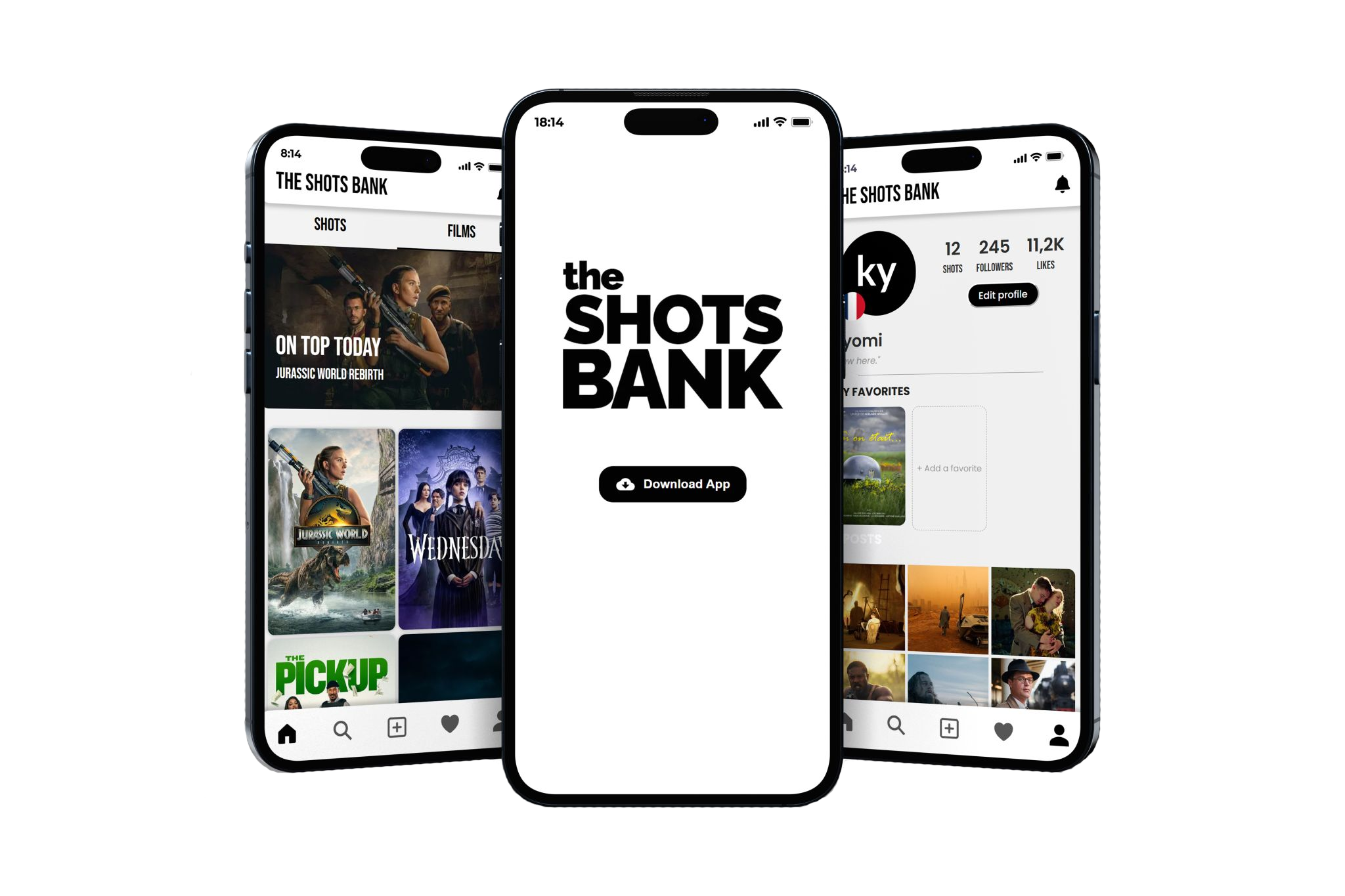 Three mobile phones showcasing The Shots Bank application interface with various film scenes.